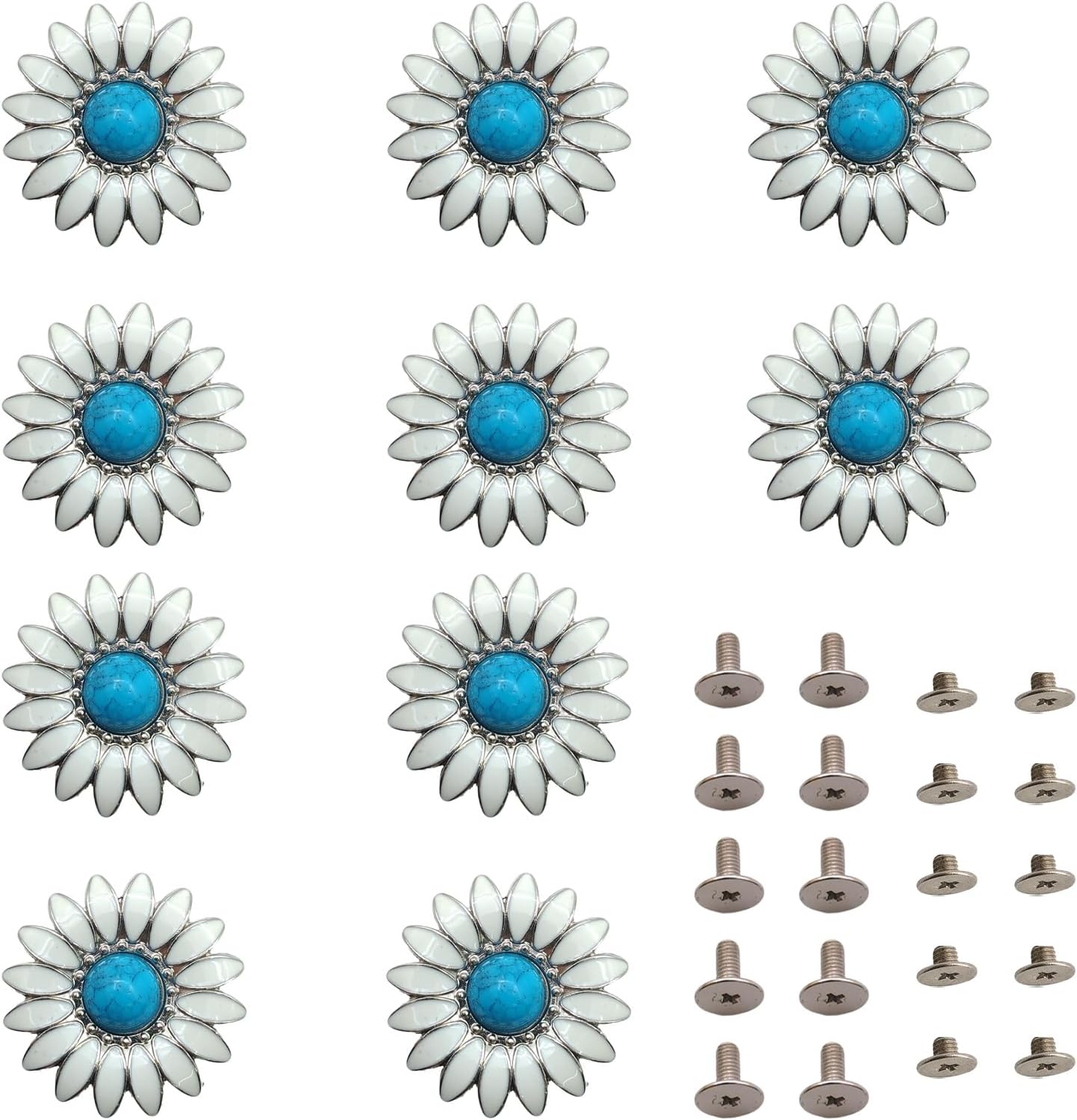 Mingchen 10 Pcs Screw Back Turquoise Buttons, Daisy Decorative Conchos, Metal Screw Back Button for DIY Leather Goods Accessories