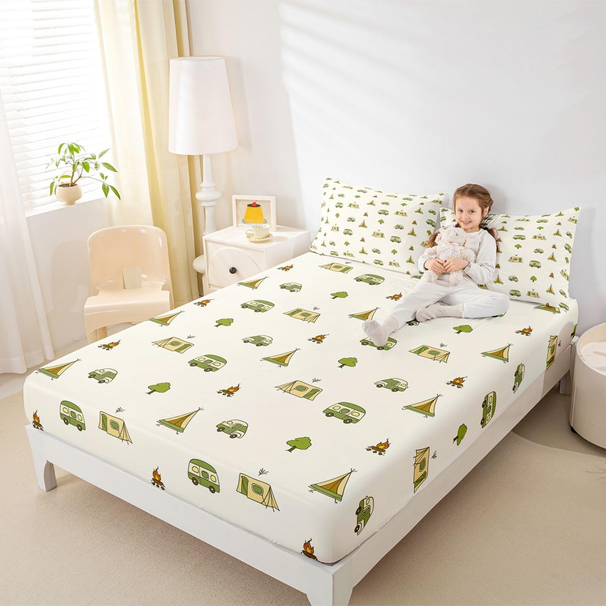 Homewish Motyw kempingowy Prześcieradła Podwójne Ognisko Podróżne Zestaw Arkuszy Kemping Impreza Dekoracja Zestaw Pościeli - Rv Camper Decor Dopasowane Płaskie Prześcieradła 4 Sztuki