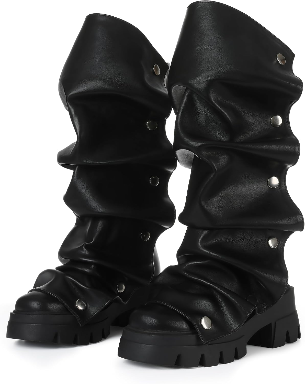 VOMIRA Black Slouchy Boots for Women Wide Calf Boots Platform Combat Boots