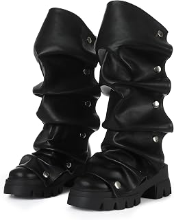 VOMIRA Black Slouchy Boots for Women Wide Calf Boots Platform Combat Boots | Chunky Stacked Heel Pleated Ruched Pull On Motorcycle Fold Over Tall Boots Detachable Snap-off Panel Mid Calf Slouch Boots