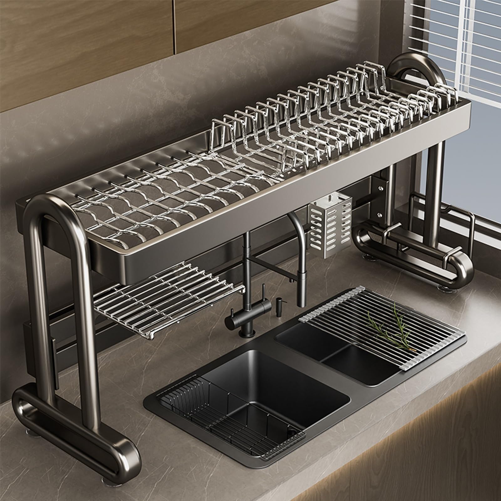 Escurridor de Platos con Soporte para Cubiertos, Amplio y Compacto, Ideal para la encimera de la Cocina. Apto para Platos, ollas, sartenes, etc.