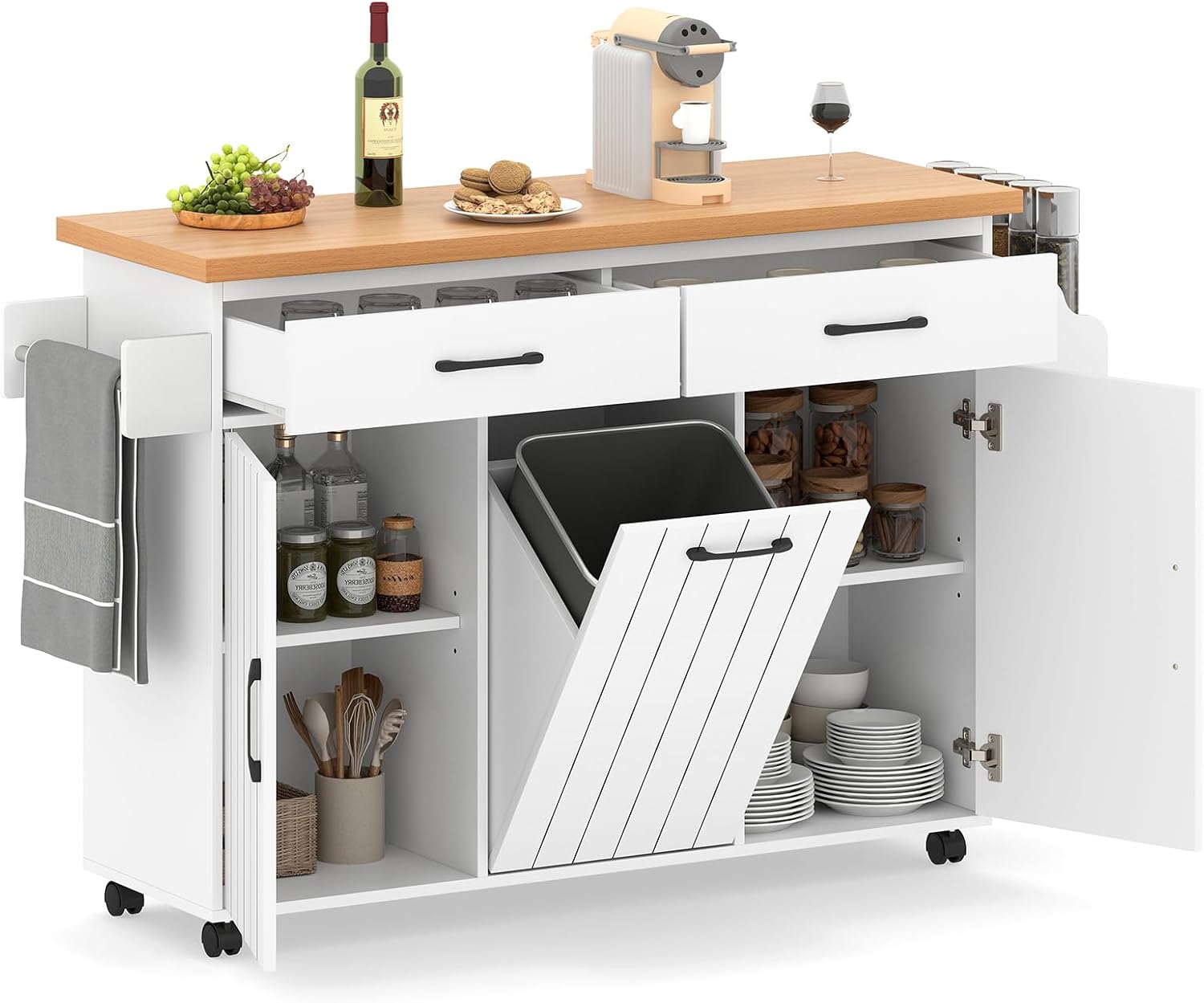 Rolling Kitchen Island with Trash Can Storage, Large Kitchen Cart on Wheels with Adjustable Shelves, 2 Drawers, Spice Rack and Towel Bar, Mobile Island Table for Dining Room (White)