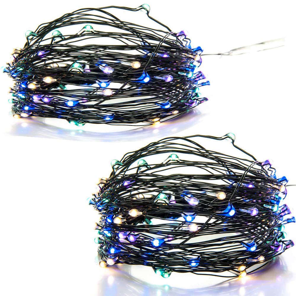 100 LED Fairy Lights 10.5M Now with 105 LEDs 8 Function USB Power Supply Copper & Black Wire S4U (2 Pack Black Wire String Lights - Multi Coloured)
