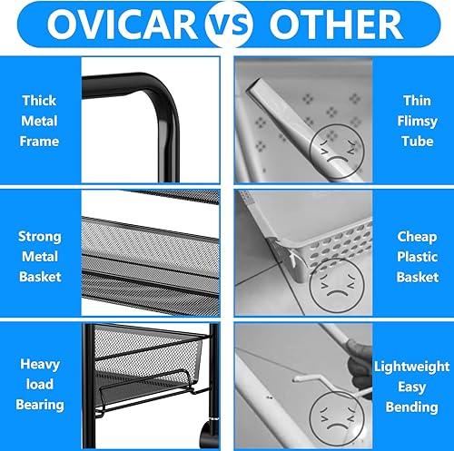Miniatura 7 de OVICAR Mesh Wire 3 Tier Rolling Cart, Kitchen Storage Utility Cart, Multifunction Basket Stand for Bathroom, Full Metal Storage Art Trolley Carts