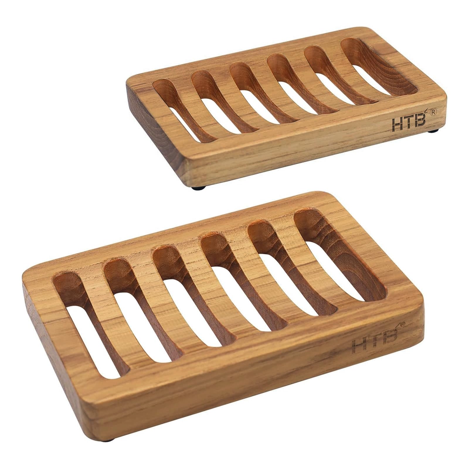 Slotted Bar Seifenschale Teakholz 2pcs von HTB, Küche hölzerne Schwammhalter, selbst abtropfen Lassen Seifenablage für Dusche, Waschbecken, Bad, Badewanne, RV