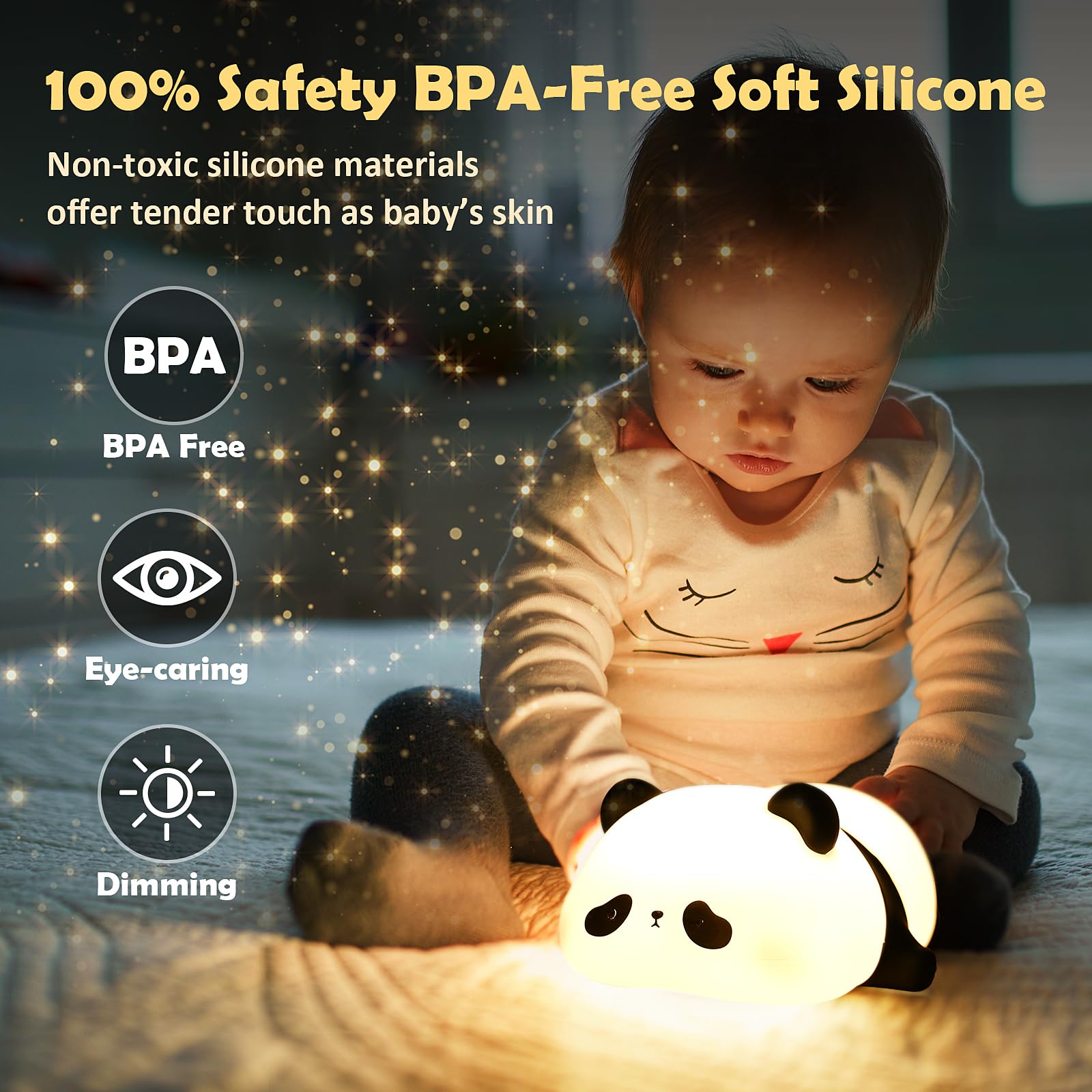 Comius Sharp Panda Luz Nocturna Infantil, Adorable Lampara Bebe Noche, Lampara De Mesita De Noche De Silicona Suave Con Sensor Tactil, Decoracion De Escritorio De Habitacion Regalo De Cumpleaños