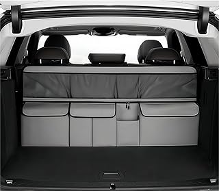 JUXINE Car Boot Organiser with Hanging Function (100 x 50 cm) - Waterproof Foldable Car Storage Bag with 5 Compartments, Mesh Compartment and Hook Closure for SUVs, Pick-ups & Vans (Grey)