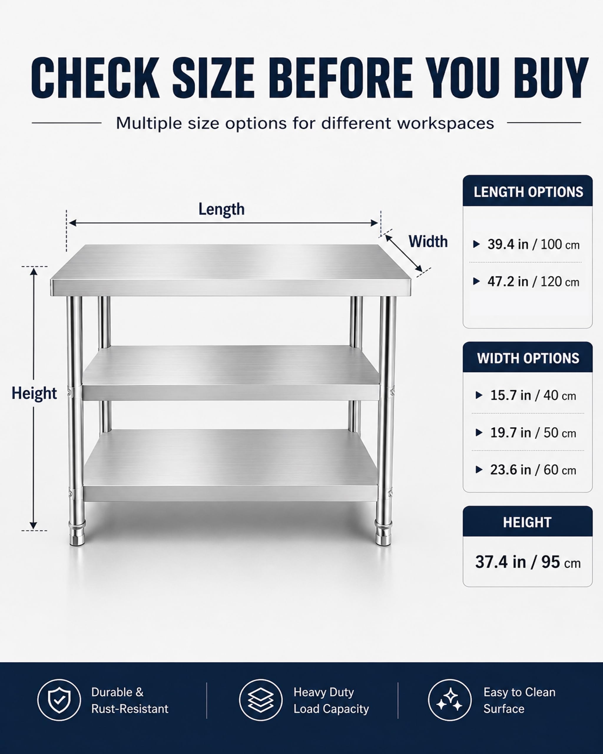 Banco da Lavoro Garage in Acciaio Inox A 3 Ripiani H 95 Cm, Tavolo da Esterno per Grigliate Scaffali Acciaio Inox Banco da Cucina per Ristoranti Negozi Magazzini,120x50x95cm