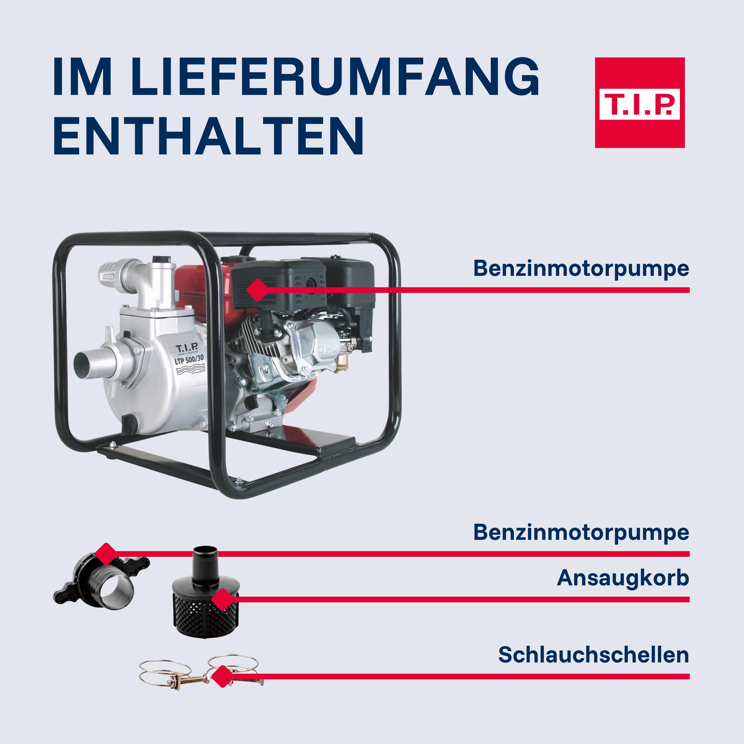 T.I.P. Benzin Wasserpumpe - Motor Gartenpumpe (30.000 l/h Fördermenge, 30 m Förderhöhe, 3,0bar Druck, max. 3,85kW (5,2PS) Leistung, Ölmangelsicherung, 4-Takt-Motor, Rückschlagklappe) LTP 500/30, 30197