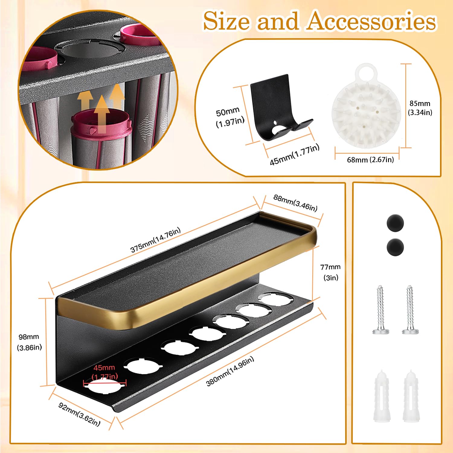 Glätteisenhalter Kompatibel mit Dyson Airwrap Wandhalterung Aufbewahrungsregal für Lockenstab Aufsätze und Komplett-Styler (Gold/Schwarz, mit Luftkissen-Kamm)