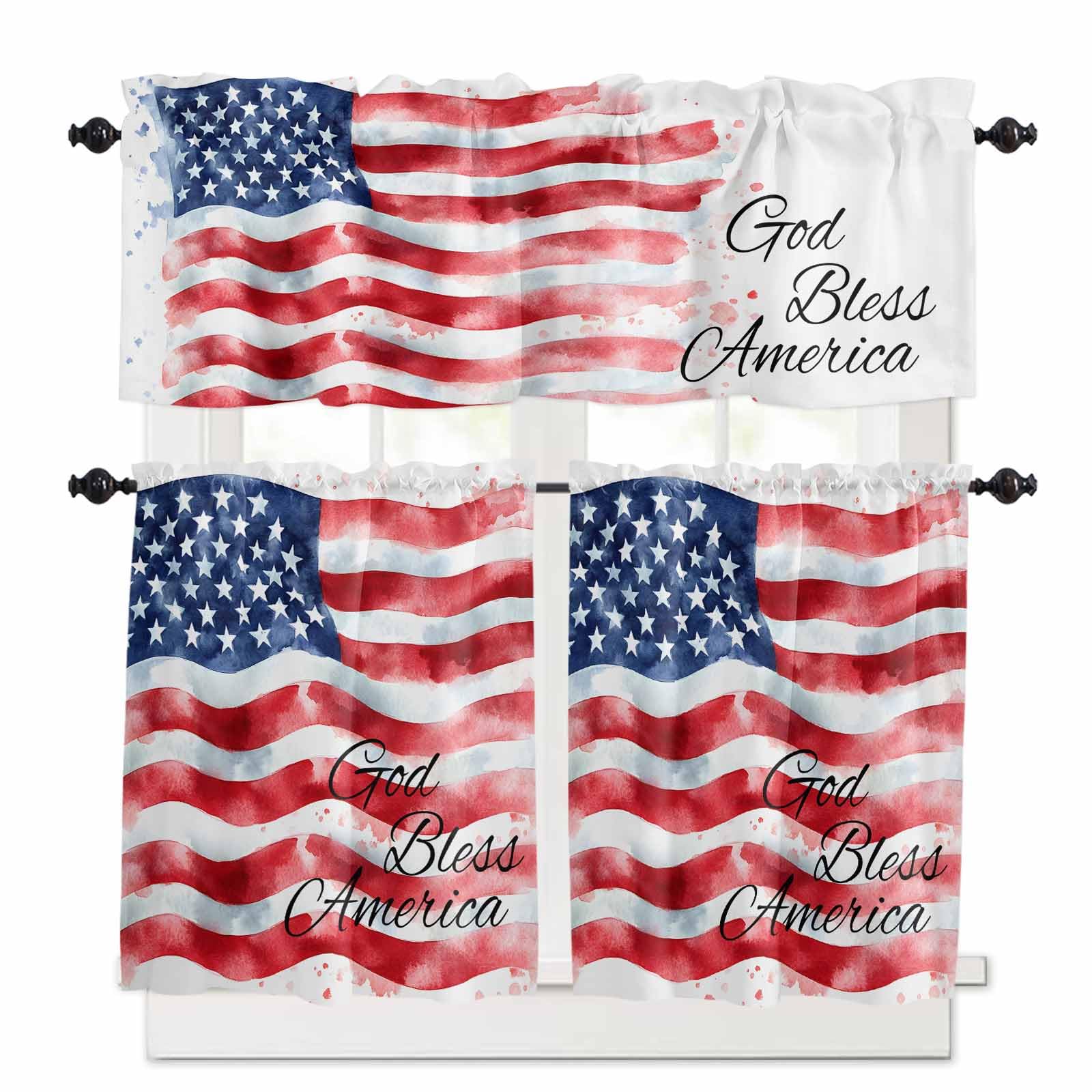 American Flag Kitchen Curtains 36 Inch Length, 3 Piece Rod Pocket Small Half Tiers and Valance Set, Red Blue Watercolor USA Flag Small Large Window Treatment Decor for Bedroom/Bathroom Sink