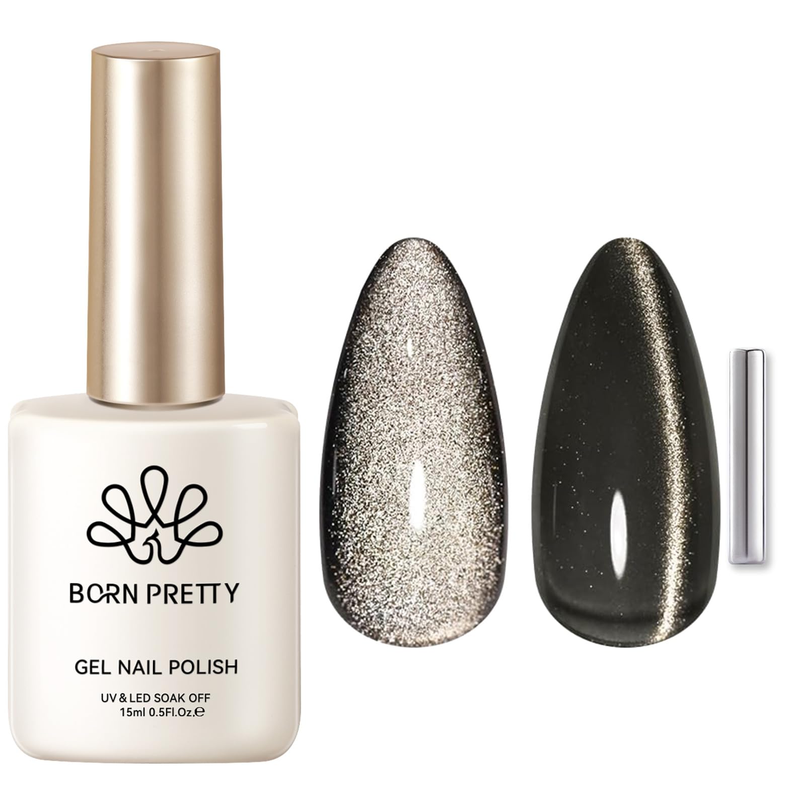 BORN PRETTY Cat Magnetic Eye Gel Nail Polish, Black Pearl Glitter Cat Magnetic Gel Nail Polish, Holographic Magnetic Nail Polish for Nail Art Manicure