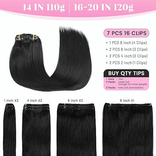 Miniatura 3 de Extensiones de cabello con pinzas, 7 piezas de 4.23 oz, extensiones de cabello humano real de 18 pulgadas con clip, #1, extensiones de cabello