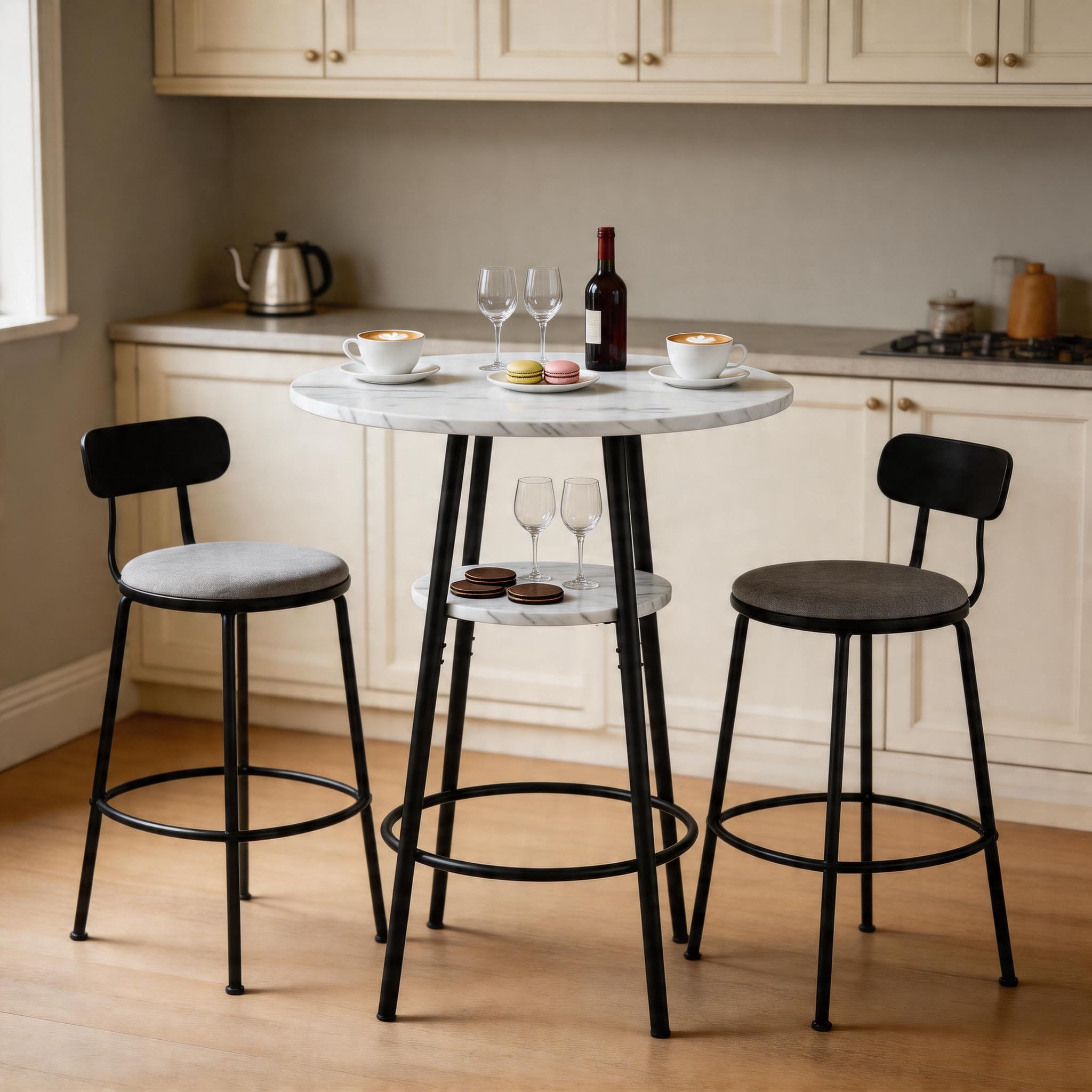 Moderner Bartisch mit Stauraum, Weißer Marmoroptik und schwarzem Metallrahmen, Durchmesser 60cm, Höhe 89cm, Zeitgemäßer Stehtisch für Küche, Esszimmer und Café
