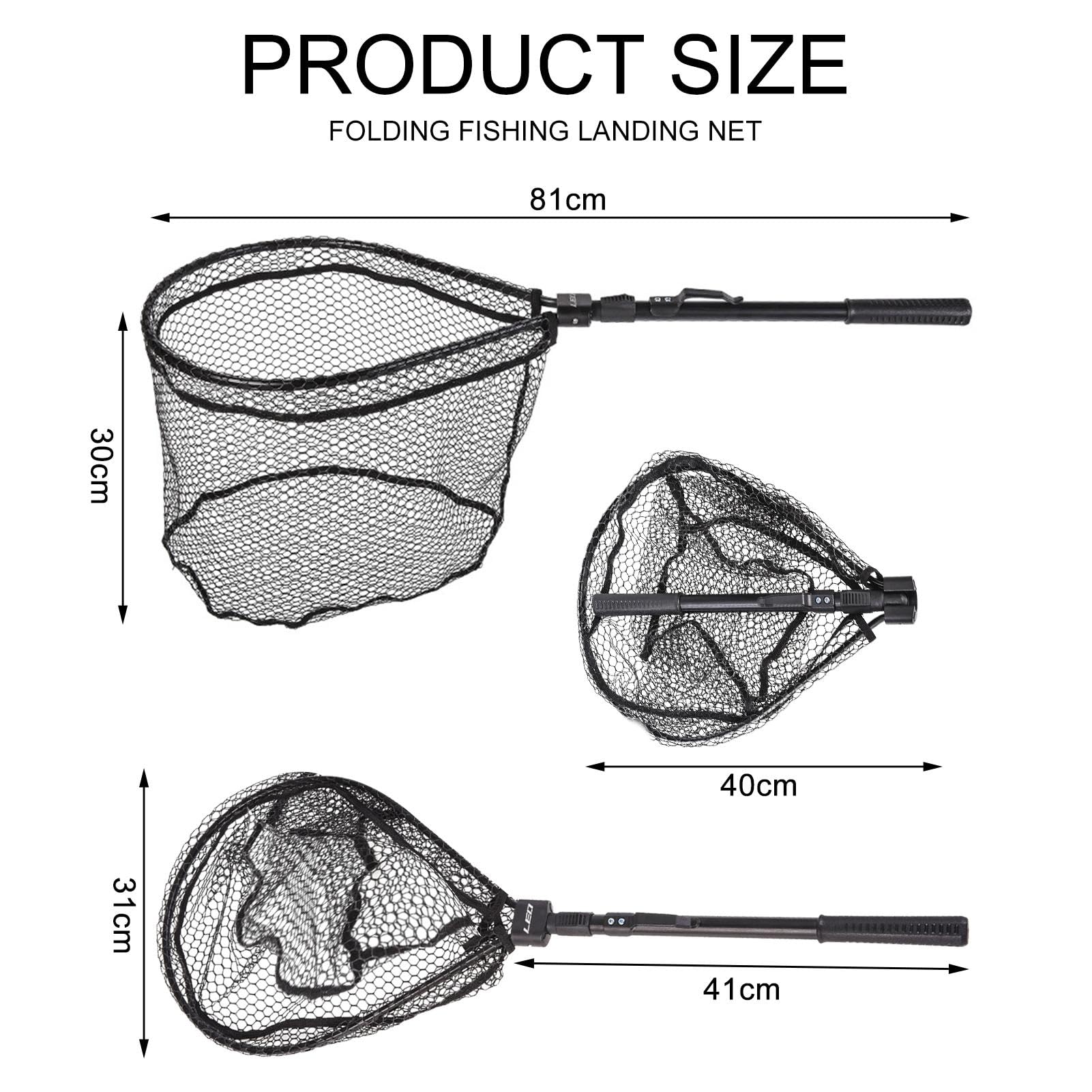 PLUSINNO Filet de pêche flottant pour truite arc-en-ciel/saumon/kayak/ poisson-chat/bar/truite, enduit de caoutchouc; (cerceau orange de 50 cm et 1,35 m de long); perche télescopique