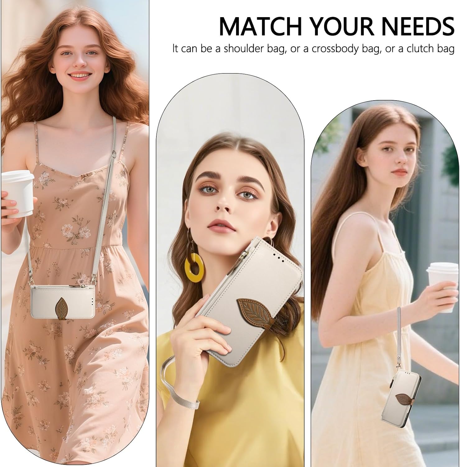 case Compatible with for iPhone 17 (Color: Black) – leaf magnetic Leather Flip Zipper Wallet back Case Strap