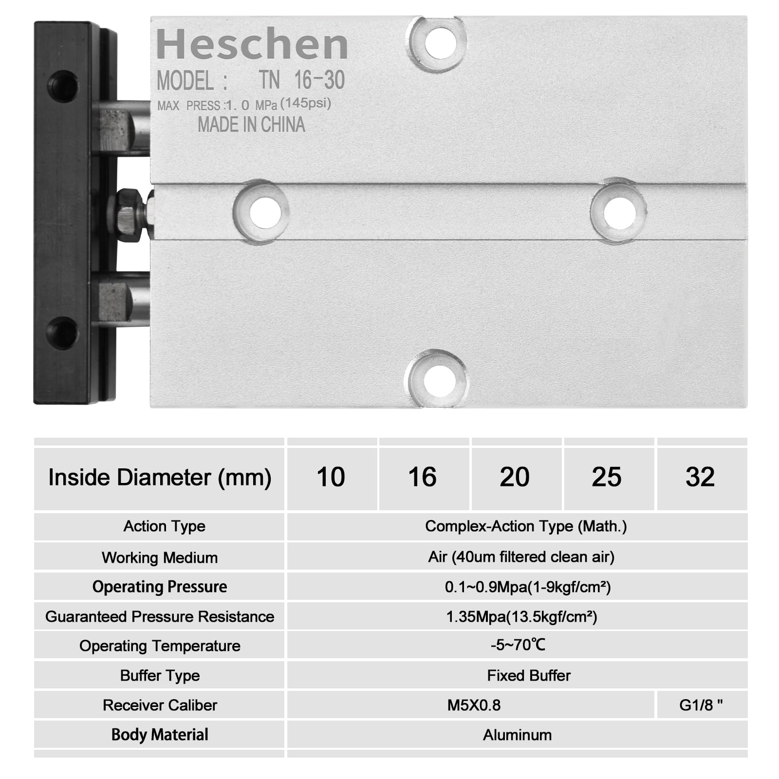 Heschen Pneumatyczny cylinder pneumatyczny, TN16-30 (TDA16-30), otwór 16 mm, skok 30 mm, dwustronny aluminiowy pneumatyczny cylinder pneumatyczny, z magnesem