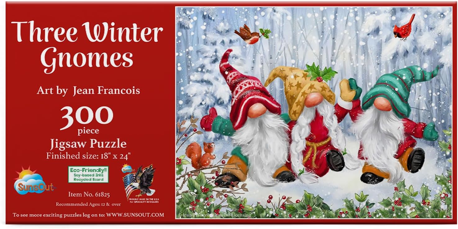 SUNSOUT INC - Three Winter Gnomes - 300 pc Christmas Jigsaw Puzzle by Artist: Jean Francois - Finished Size 18" x 24" - MPN# 61825
