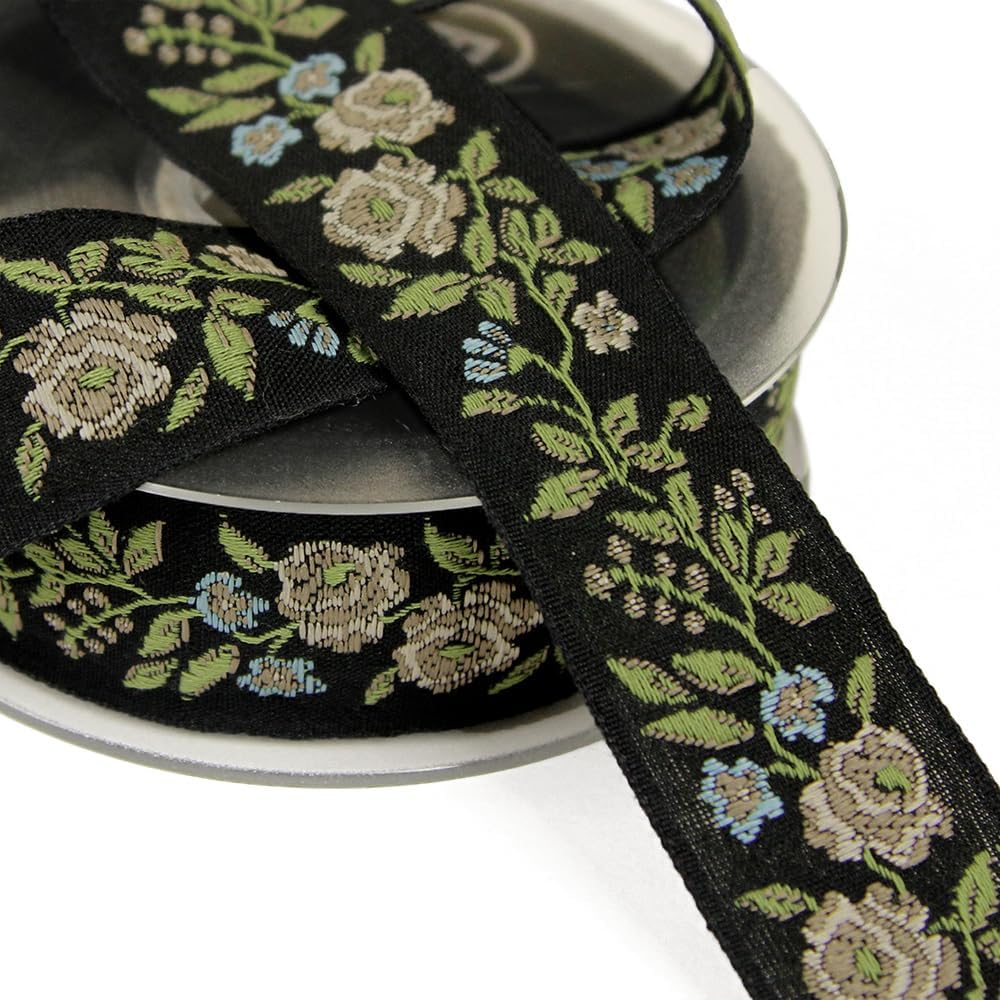 10 Meter Roll of Black, Pink & Red Wild Rose Jacquard Ribbon Trim, Made in Italy