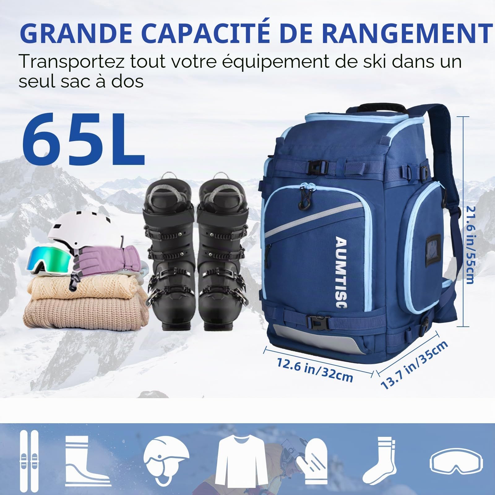 AUMTISC Sac à Dos pour Chaussures de Ski, Sacs à Chaussures de Ski rembourrés et Sacs Porte-Casque pour Voyage aérien, équipement de Ski, Lunettes, Gants, Ski et Snowboard