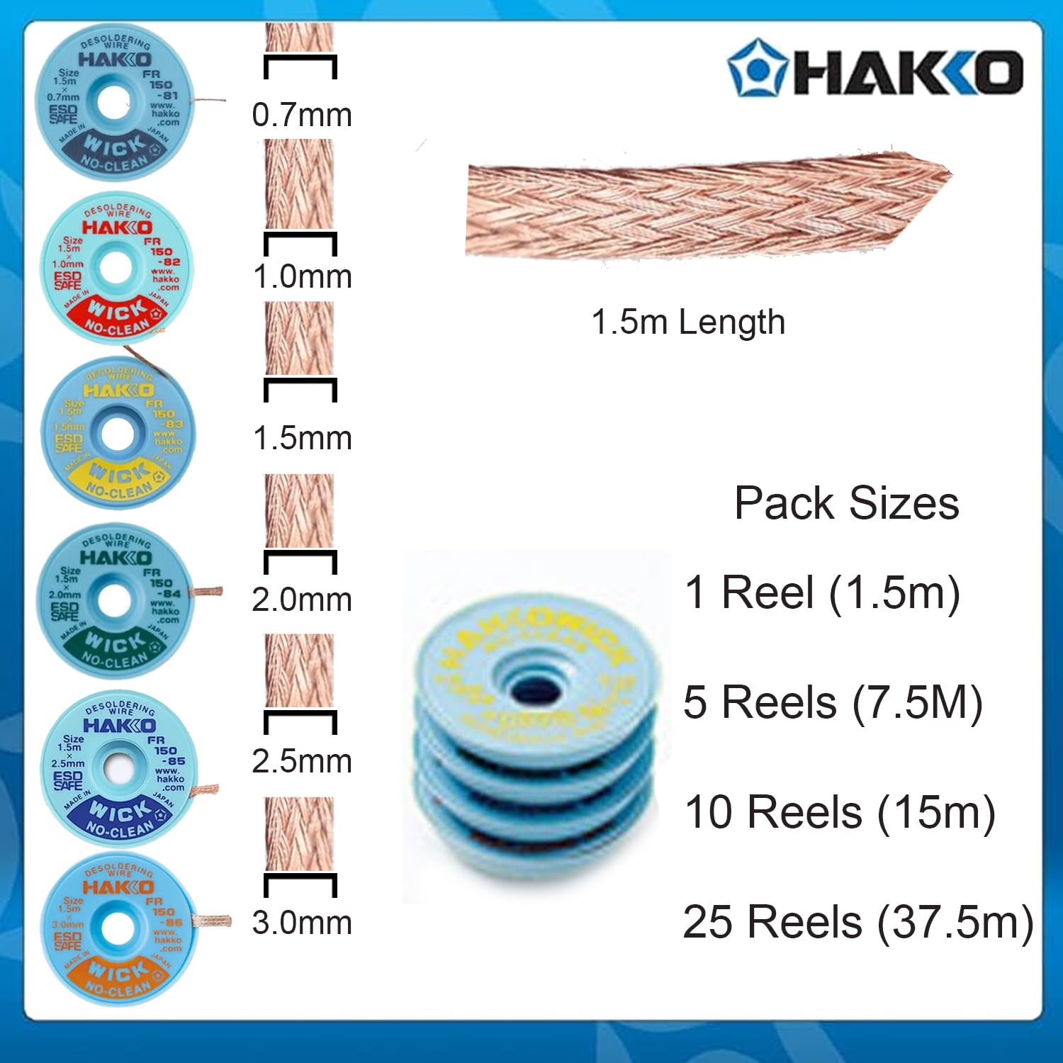 Hakko Desoldador de mecha, trenzado, no limpio, 2,5 mm x 1,5 m, FR150-82