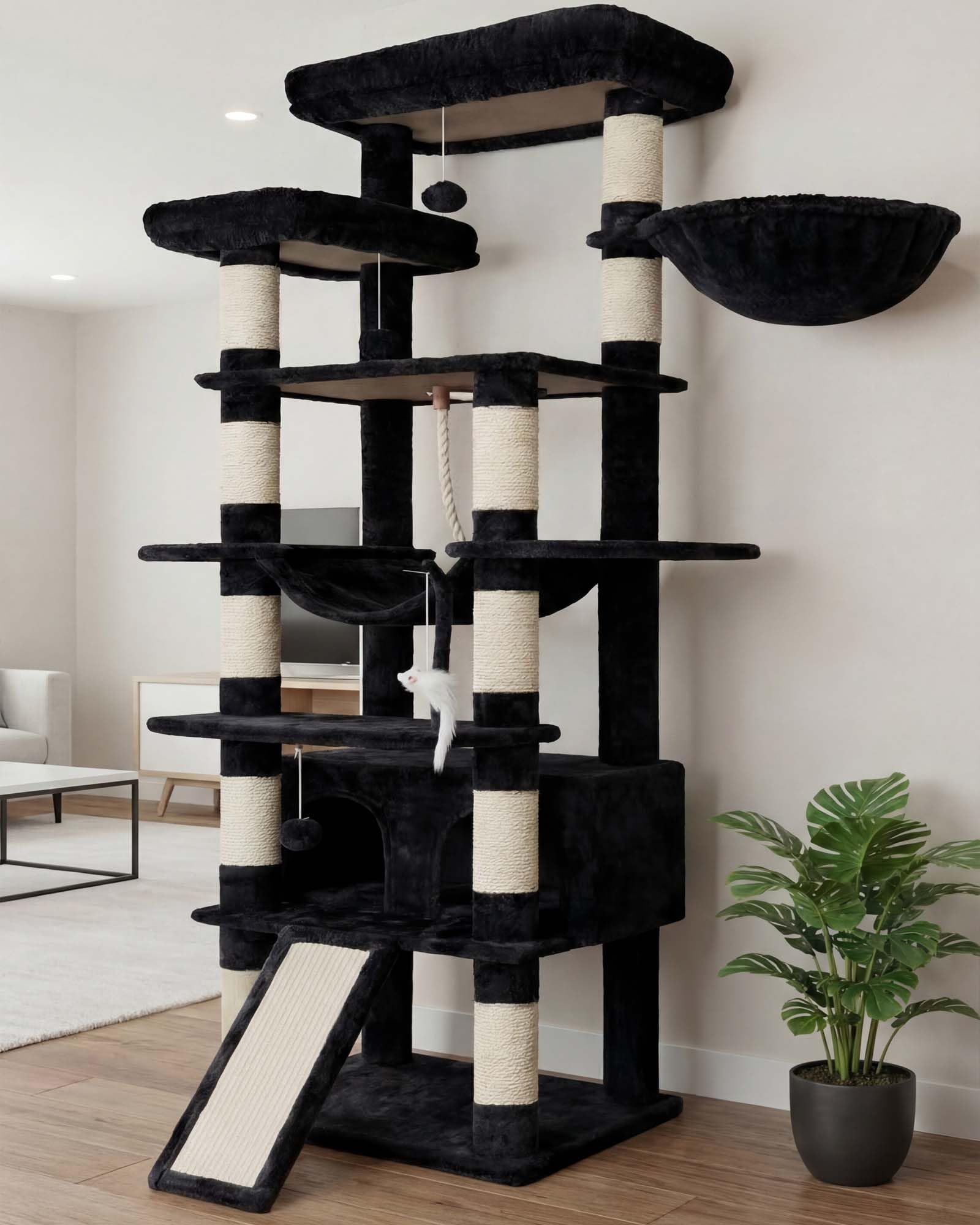 Heybly Tall Cat Tree, 78-inch Multi-Level Cat Tower for Indoor Cats, 2 Widened Plush Perches Cat Condo with Scratching Board and Big Caves, Smoky Gray HCT033G