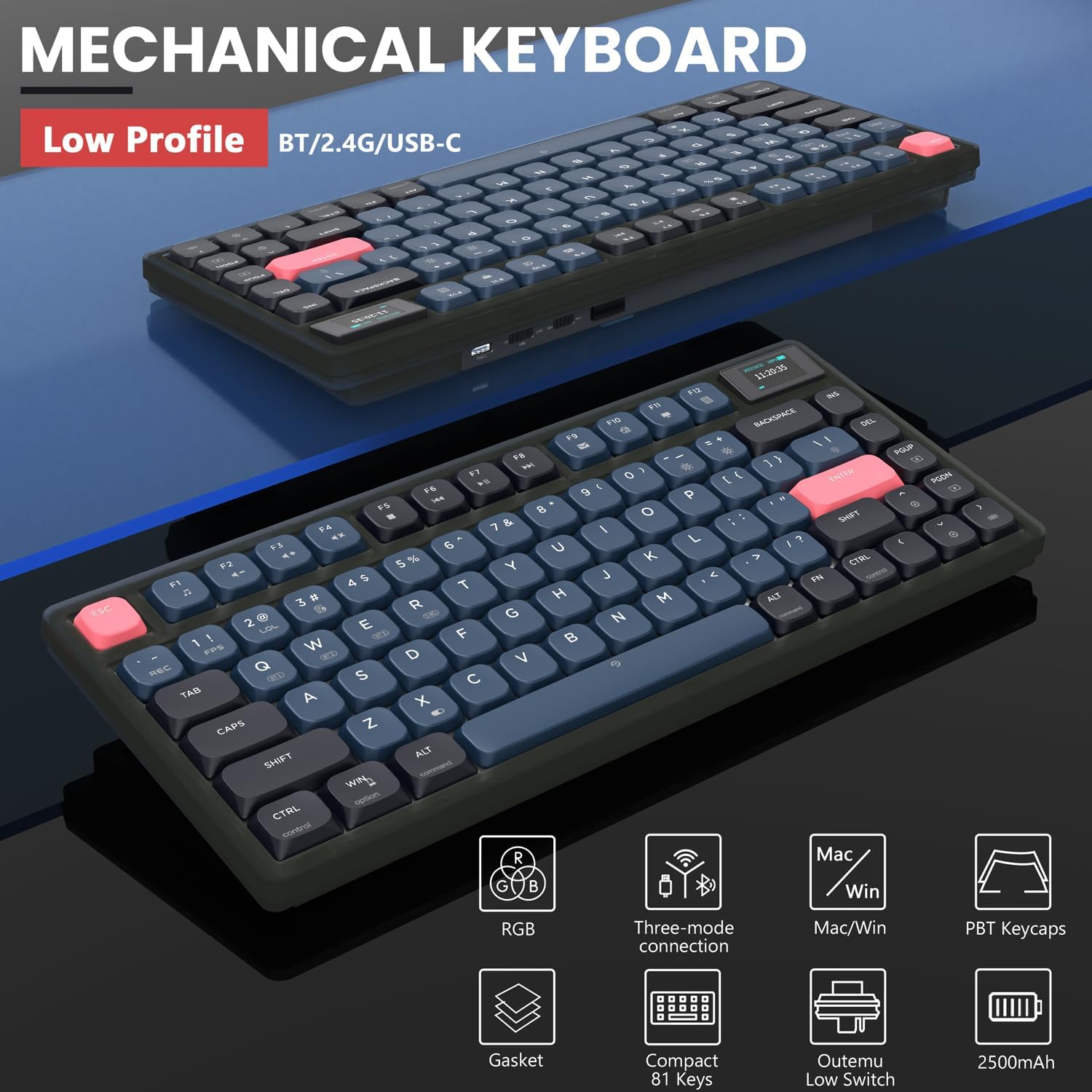 A.JAZZ AK832Pro Wireless Mechanical Gaming Keyboard 75% Low Profile Gasket with 2.4Ghz/Bluetooth 5.0/Wired Coiled Cable Screen Display RGB Backlight NKRO TKL for Win Mac Gamer (Ink Red/Blue Switch)