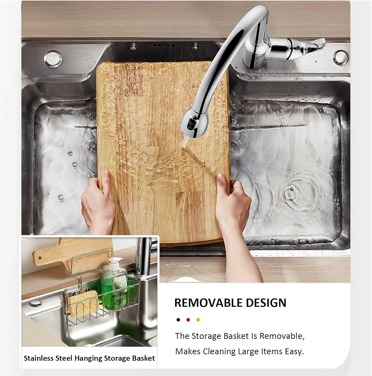 Large Silver Kitchen Bar Sink, with Pull-Out Faucet, Cutting Board & Drain Kits, 304 Stainless Steel Kitchen Sink, Single Bowl Bar Prep Sink, Kitchen Workstation Sink,One Color-70x48x20cm