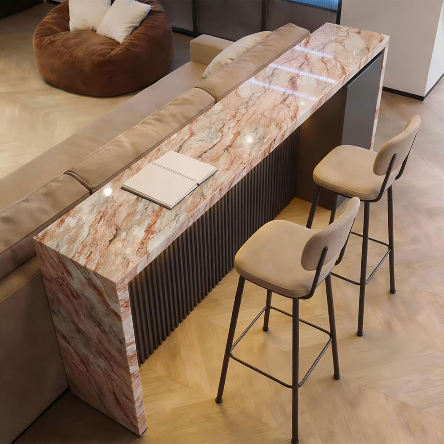 Bar Table - High Top Bar Table with Marble Pattern, Modern Living Room Tall Island Counter Includes Side Storage for Home Office (60IN No Chairs)