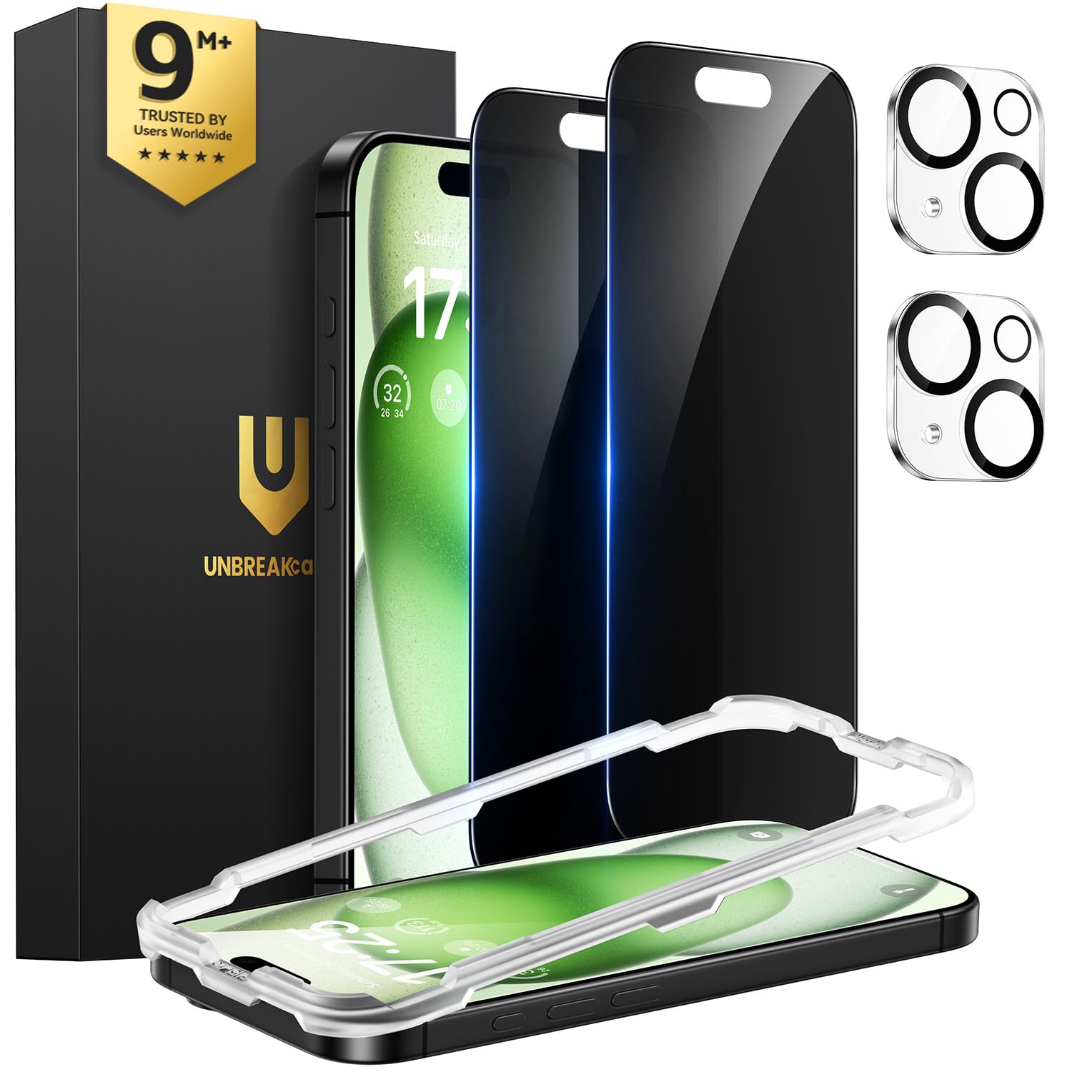 UNBREAKcable iPhone 15 Plus Privacy Screen Protector 2-Pack, Upgraded Dual-Tempered Glass + 2 Camera Lens Protectors, 25° Anti-Spy, Military-Grade 9H+, HD Clear, Anti-Fingerprint, 6.7 Inch