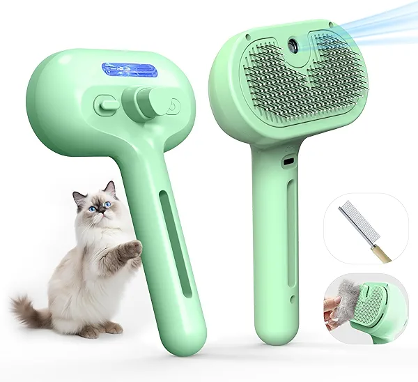 Pet Grooming Brush with Electronic Mist Spray - Gentle Deshedding Tool for Cats & Dogs, Pet Steam Brush，Reduces Shedding, Soft Bristles, Promotes Healthy Coat-Comes with a hair smoothing comb-Greener