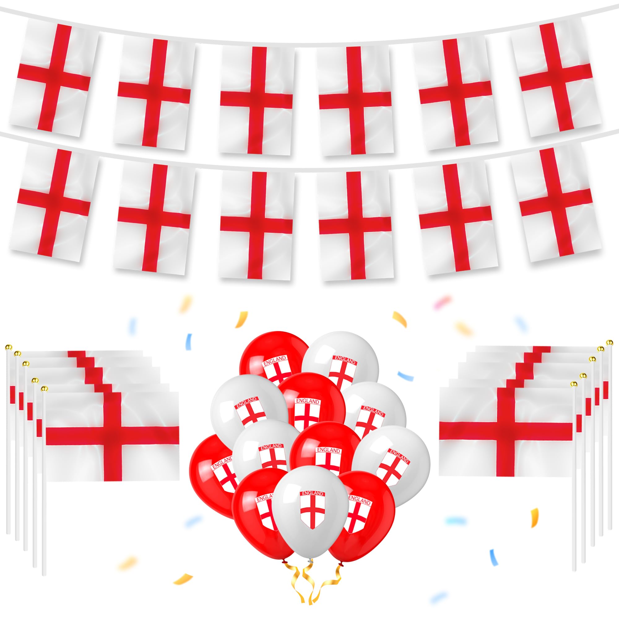QCYFJZFU 35Pcs England St Georges Flag Bunting Set, 10m English Bunting, 10pcs Hand Waving Flags and 24pcs England Balloons for Football Party St. Georges Day Decorations
