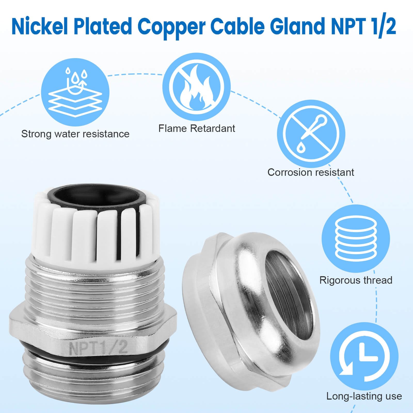 4 pressacavi impermeabili in rame nichelato da 1/2", impermeabili IP68, pressacavi regolabili, connettori con guarnizioni e dado di bloccaggio per cavi di diametro 6-12 mm