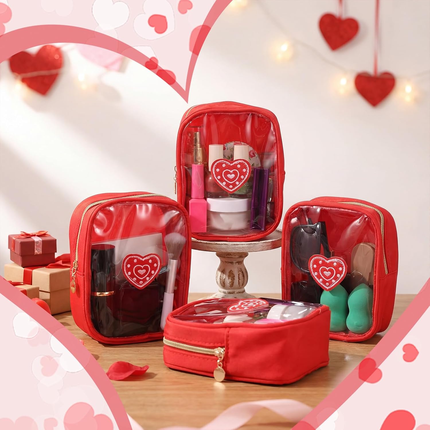12 Pcs Valentines Heart Chenille Patches Makeup Bags with Zipper Galentine Cosmetic Bags Bulk for Women Red Waterproof Toiletry Bag Valentines Galentines Day Gifts for Team Stuff Travel