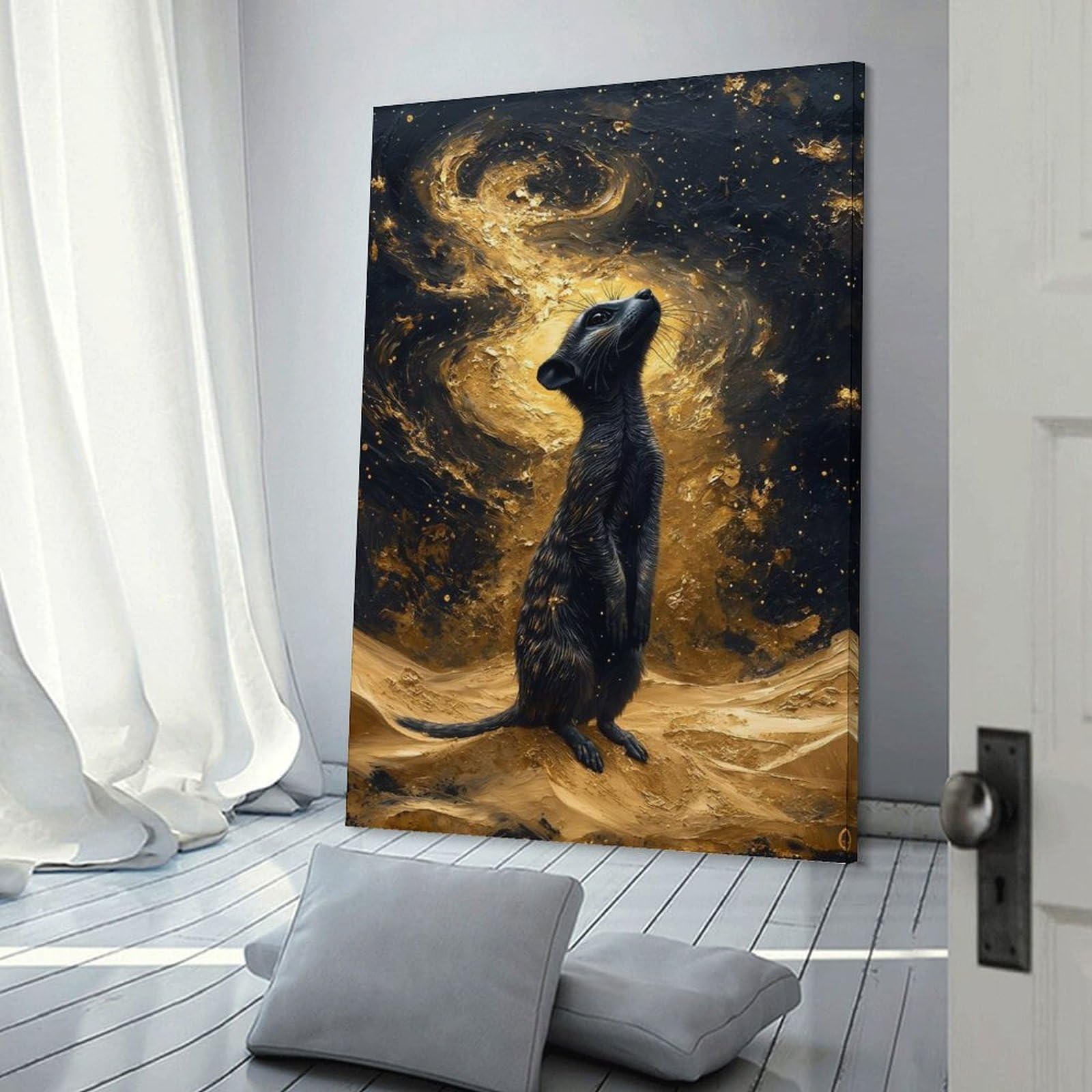 Junmoney Meerkat Gazing at Golden Galaxy Canvas Wall Art, 24x36inch(60x90cm), for Workspace Walls, Study Corners Or Bedrooms, An Interior Accent for Desk Areas