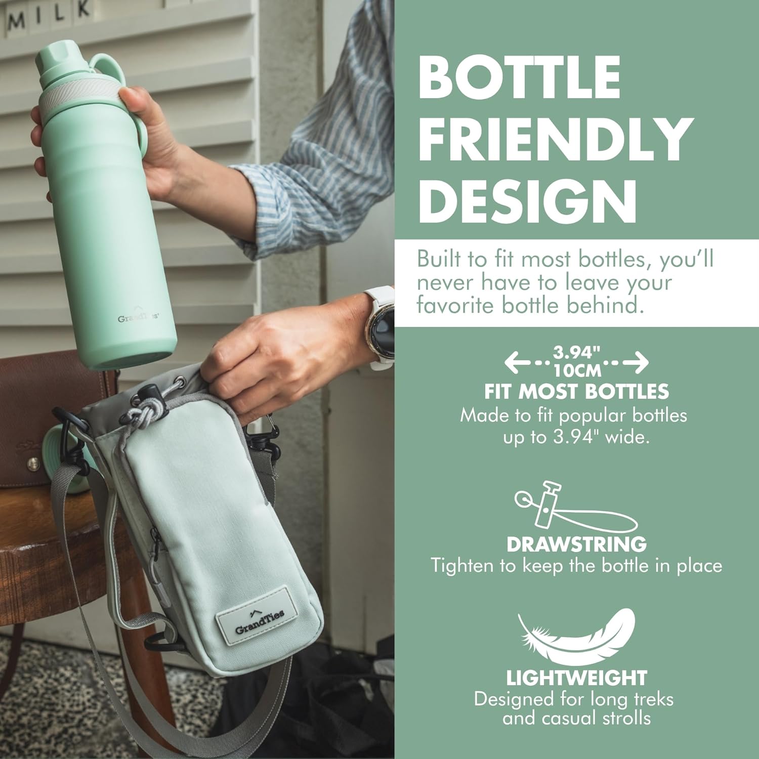 GRANDTIES Water Bottle Holder with Strap 24 32 40 oz Insulated Water Bottle Carrier Sling Bag, Large, Crossbody and Hands-Free, with Phone Pocket for Hiking, Outdoor Camping, Gym (Sage)