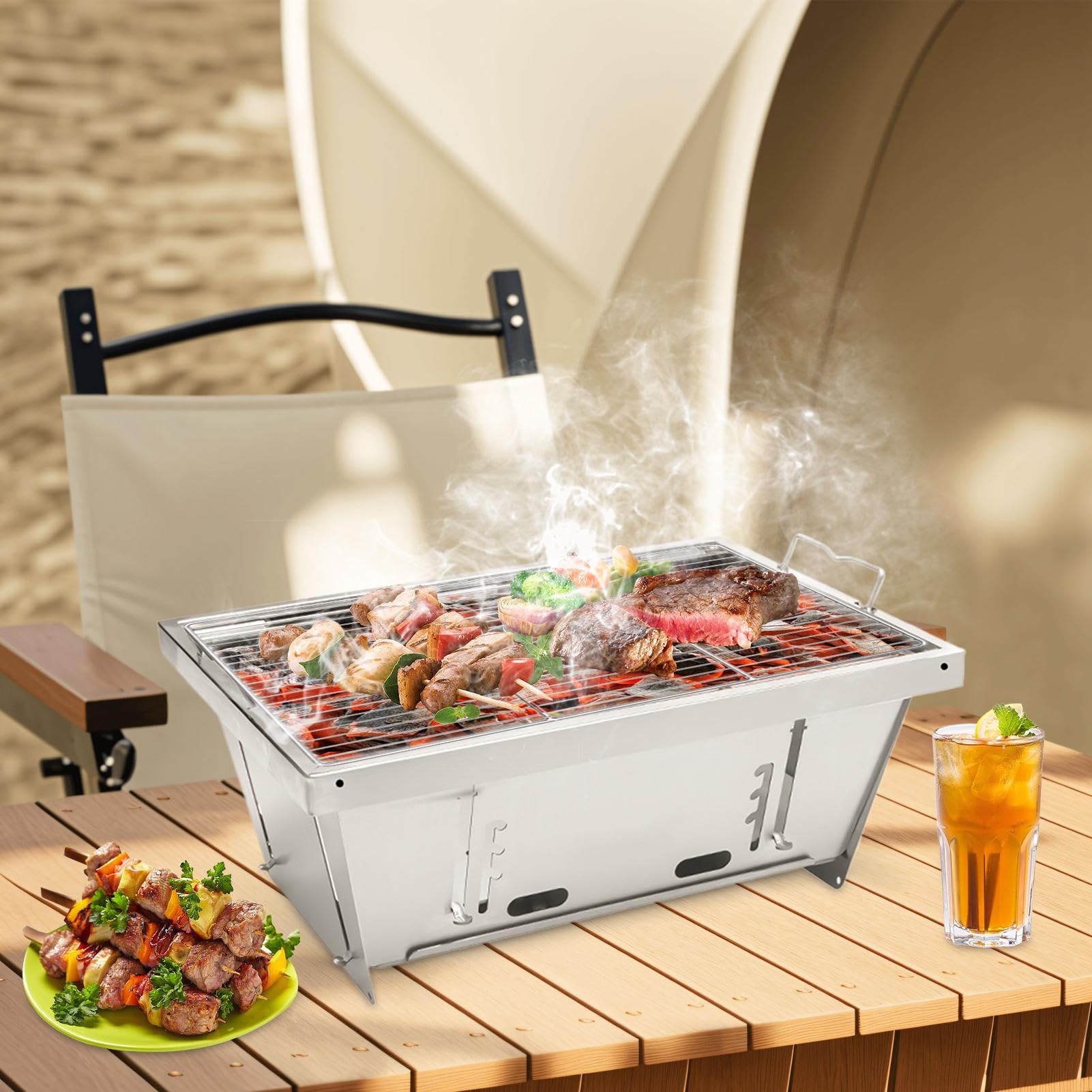 Przenośny Grill do Barbecue Kompaktowy Grill Węglowy | Składany Grill do Barbecue Składane Rękojeści Do Kempingu Pikników Grillowania W Ogrodzie Na Plaży Dla Spotkań Rodzinnych I