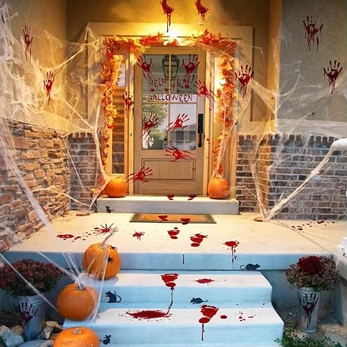 Miniatura 7 de Decoraciones de Halloween, 188 calcomanías de Halloween para ventana, 9 hojas de huellas de manos sangrientas, calcomanías de pared de Halloween con