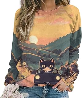ZOCAVIA Womens Funny Cat Sweatshirts Fall Casual Crewneck Pullover Tops Vintage Forest Graphic Long Sleeve T Shirts Oversized