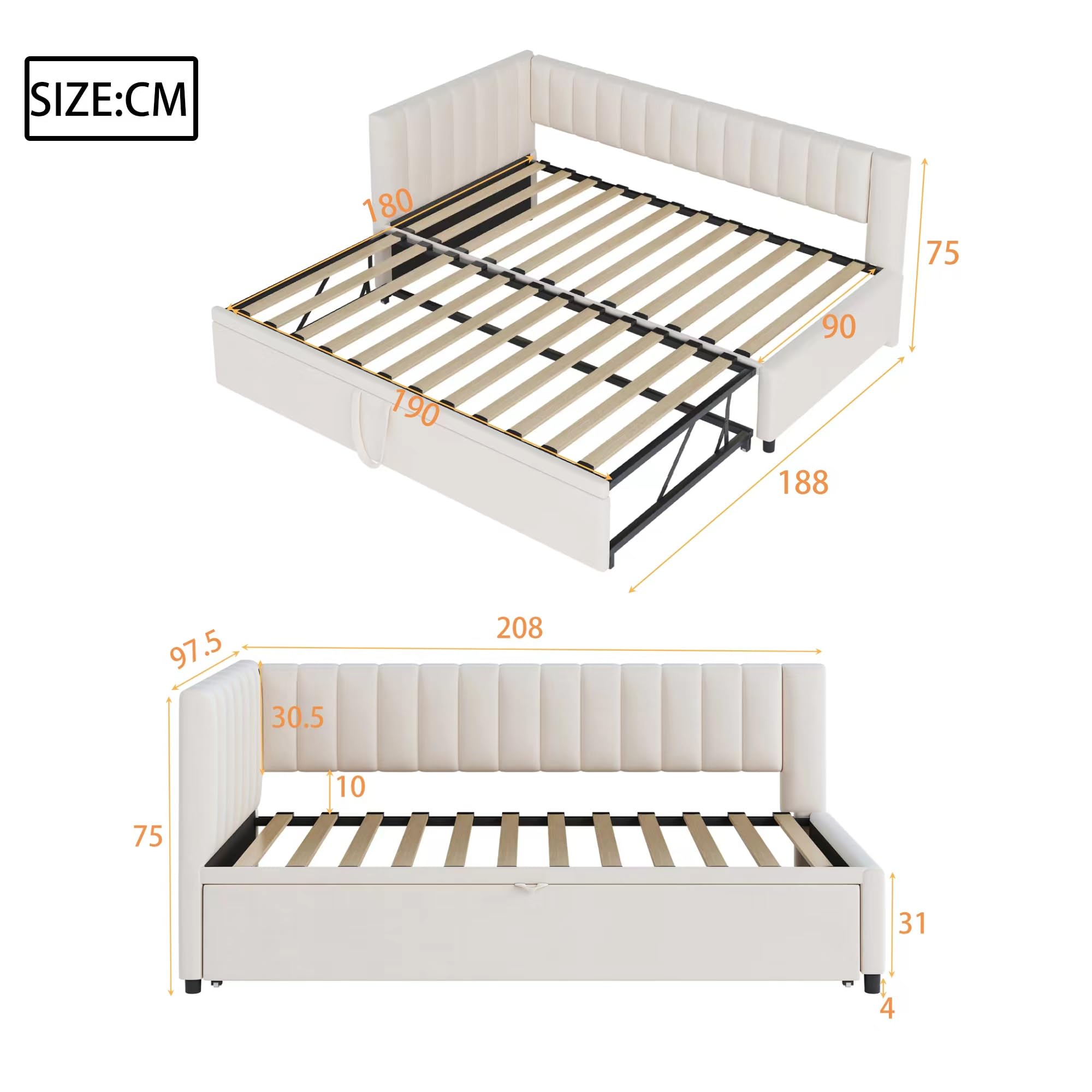 Moimhear Multifunktionales L-förmiges Schlafsofa mit Ausziehbett 90/180x200cm, Polsterbett in Samtstoff, platzsparendes Design für Kinderbett (Beige)