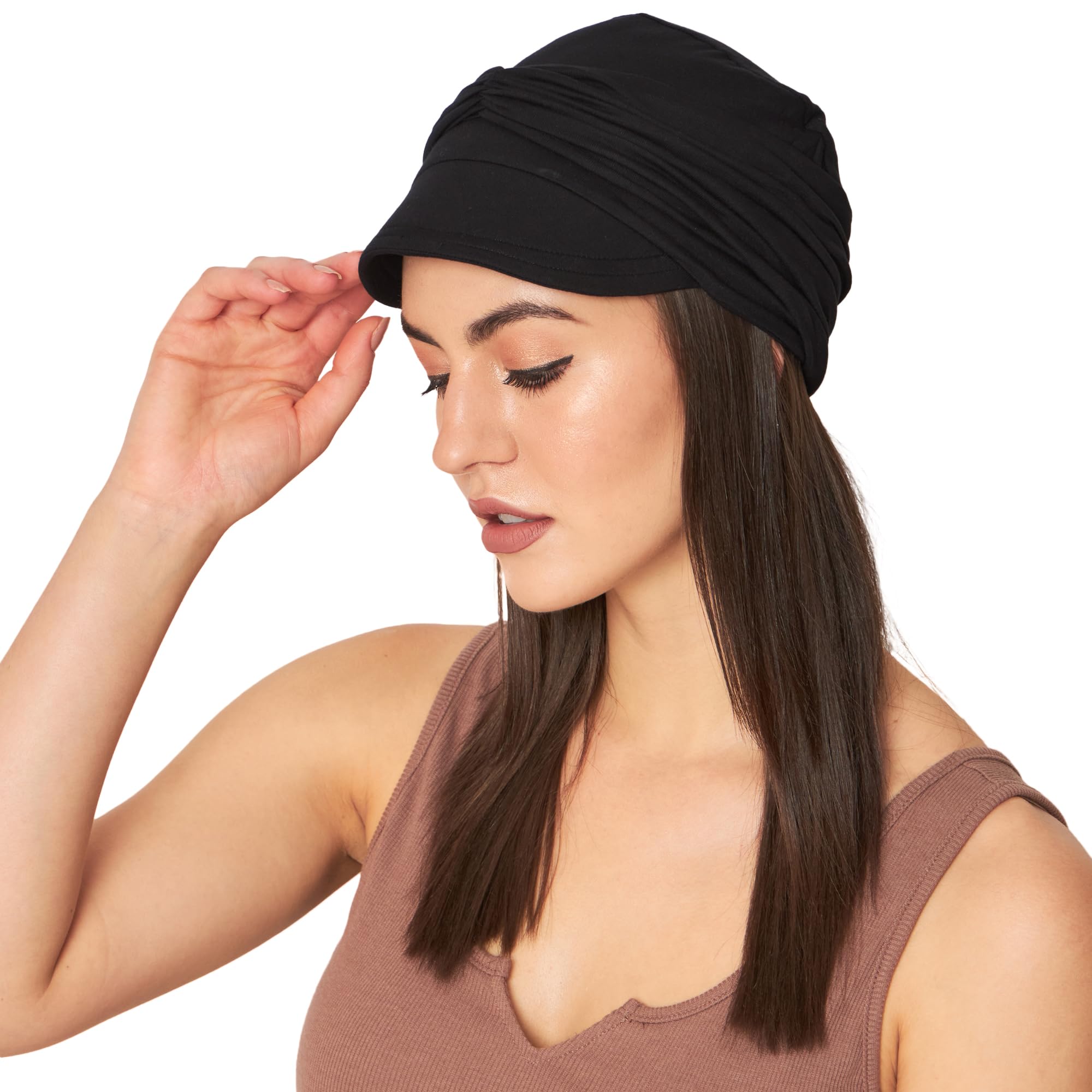 the headscarves Women's Bamboo Viscose Free Size New Boy Visor Cap with Gathered Band Chemo Hair Loss (HS108_Multicolors 2 Piece Set)-picture-54