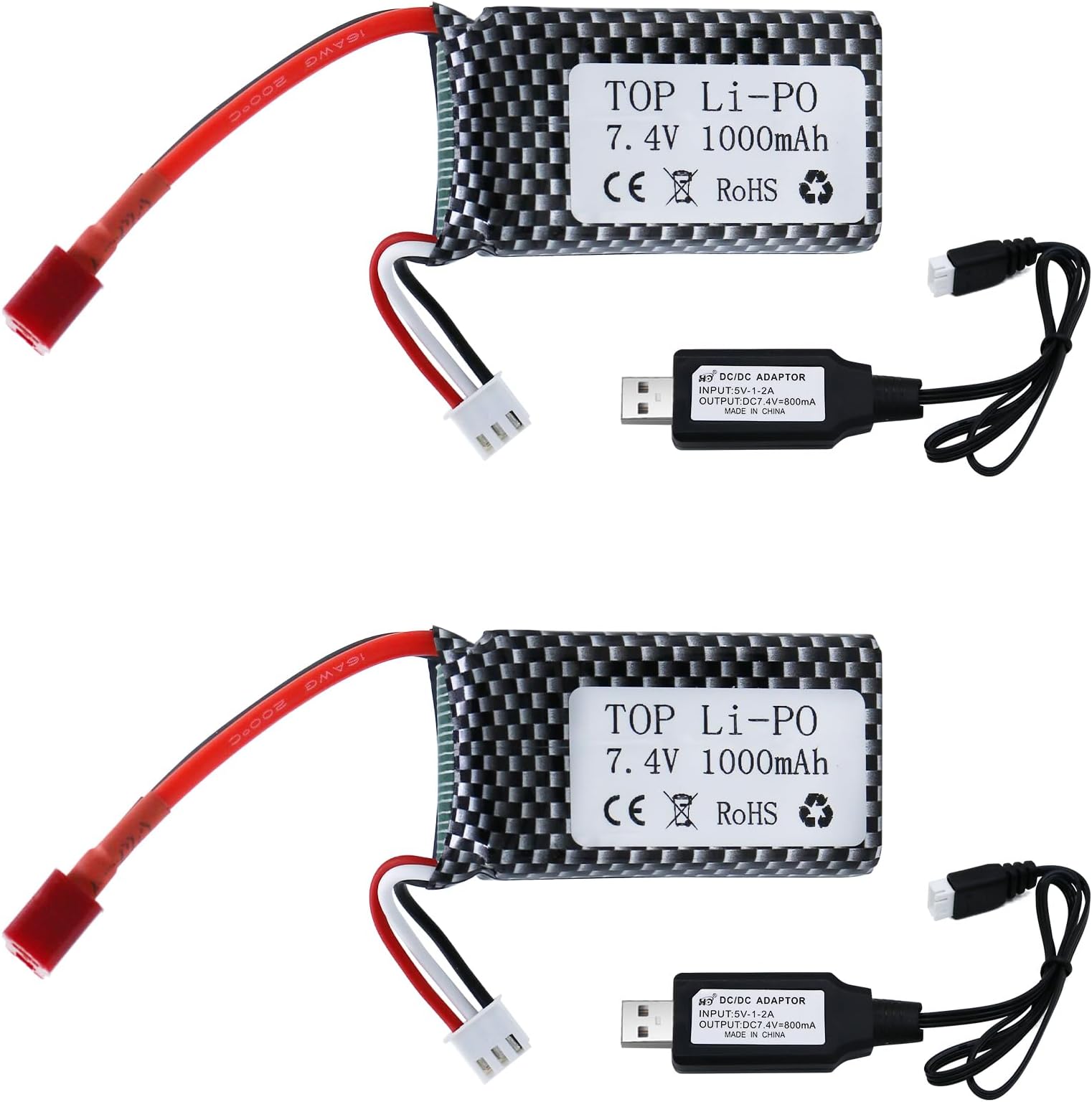 7.4V 1000mAh Li-ion Battery - 2 Pack 2S 30C Batteries with T Plug for RC Truck Brushless Racing Car HBX 16889 16890A and XLH Q901 Q902 Q903 1/16 Scale with Rechargeable 2 USB Chargers