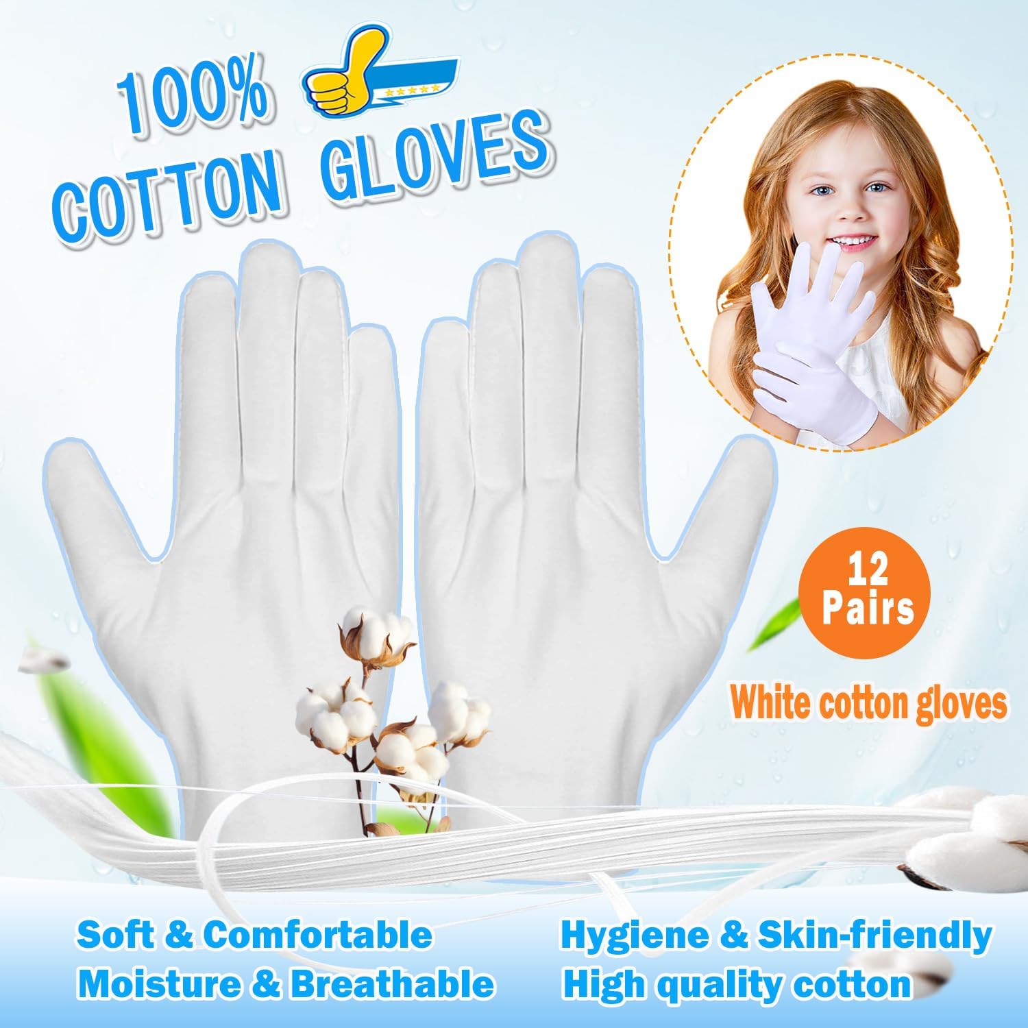 12 Pairs Moisturizing White Cotton Gloves for Dry Hands Eczema Gloves for Men and Women, Stretchable Reusable Cloth Gloves for Coin Jewelry Silver Inspection 12 Pairs (White, L)