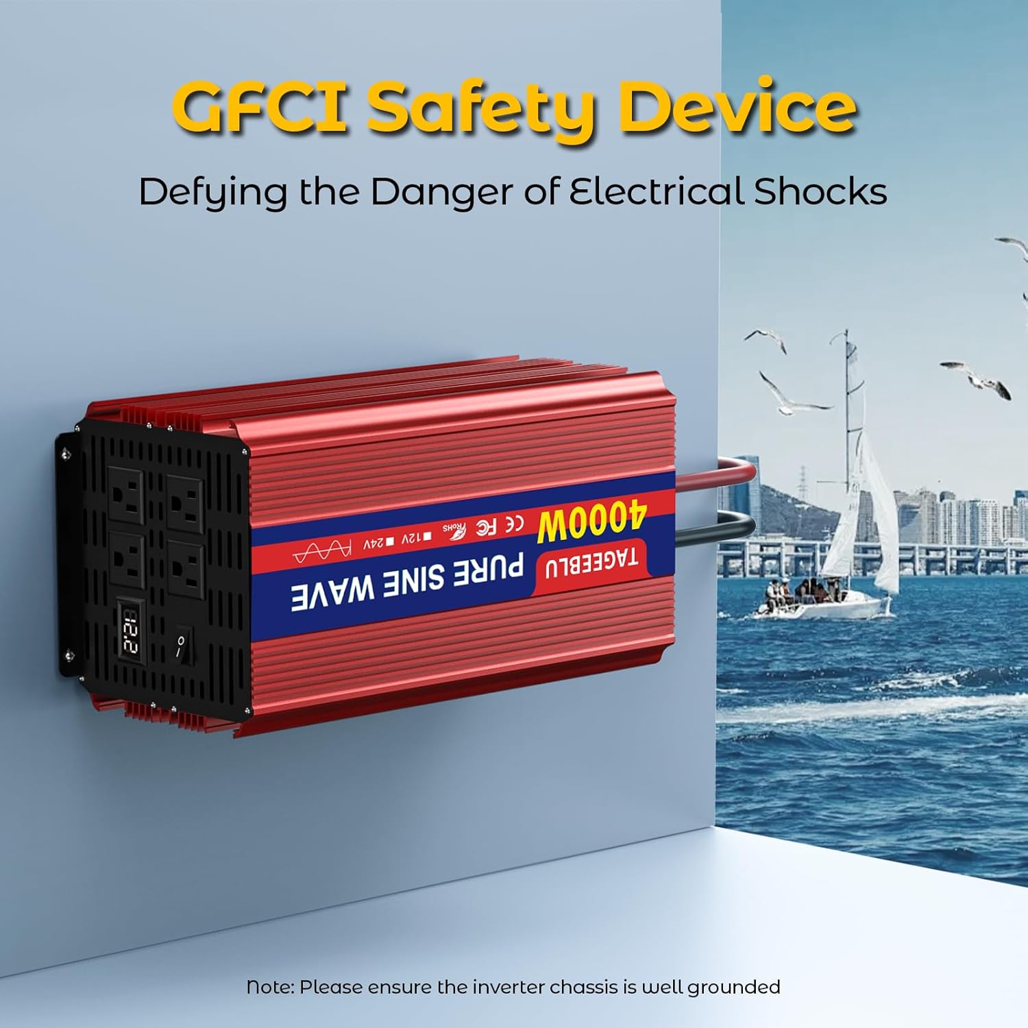 4000W Pure Sine Wave Inverter, 12V DC to 110V/120V AC Power Inverter for RV、Off Grid with 2 AC outlets and LCD Displa