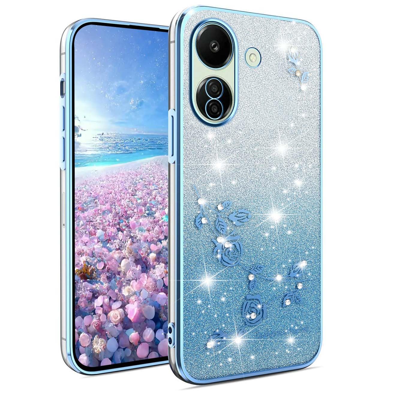 YUEQIAN Glitter Case for Xiaomi Redmi 13C/POCO C65, Ultra Thin Transparent Soft Silicone TPU Bumper Shockproof Cover, Elegant Bling Diamond Flowers Women Girls Case. Blue