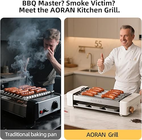 Miniatura 4 de AORAN - Parrilla eléctrica para interiores sin humo, parrilla de encimera de 800 W con platos de cocina antiadherentes extraíbles y estante para