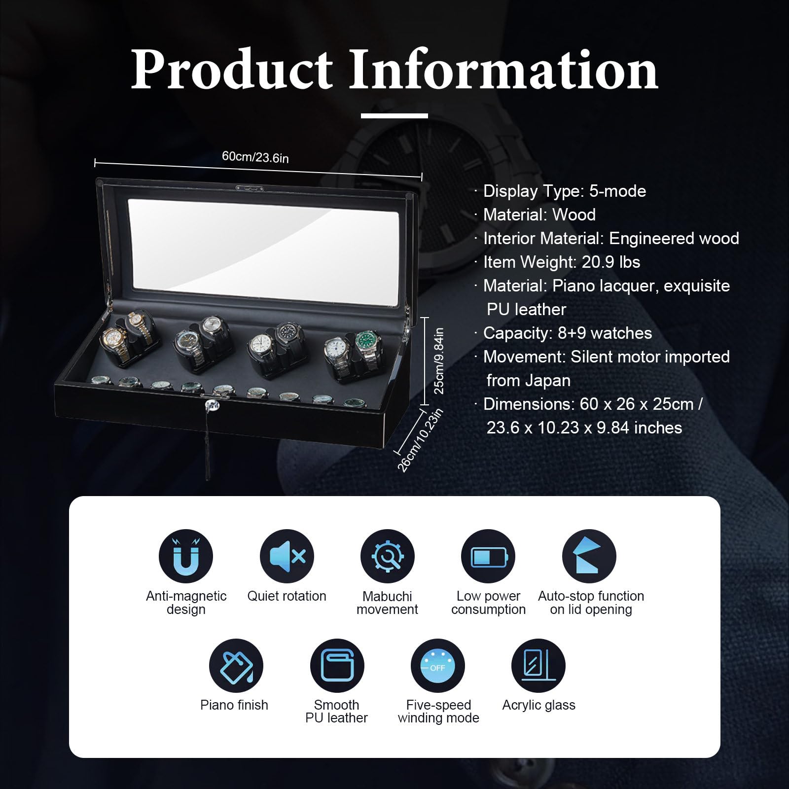 Uhrenbox Automatik Hochglanz Lackiert, Uhrenbeweger für Automatikuhren, 8+9 Uhren, LED Beleuchtung Blau, Geräuscharmer Motor, Luxus Uhrenvitrine Black