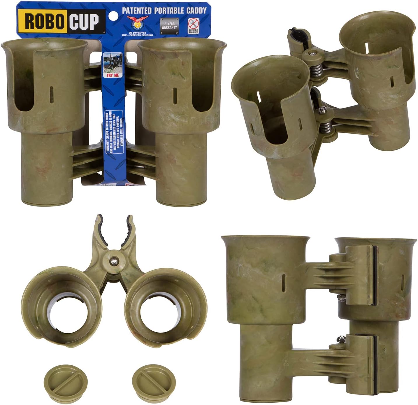 (Camo), Patented Boat Cup Holder, Clamp on Portable Storage Caddy Securely Holds 2 Drinks, Fishing Poles, Tools, Marine Gear | Perfect for Boating, Beach Umbrellas, Golf Carts