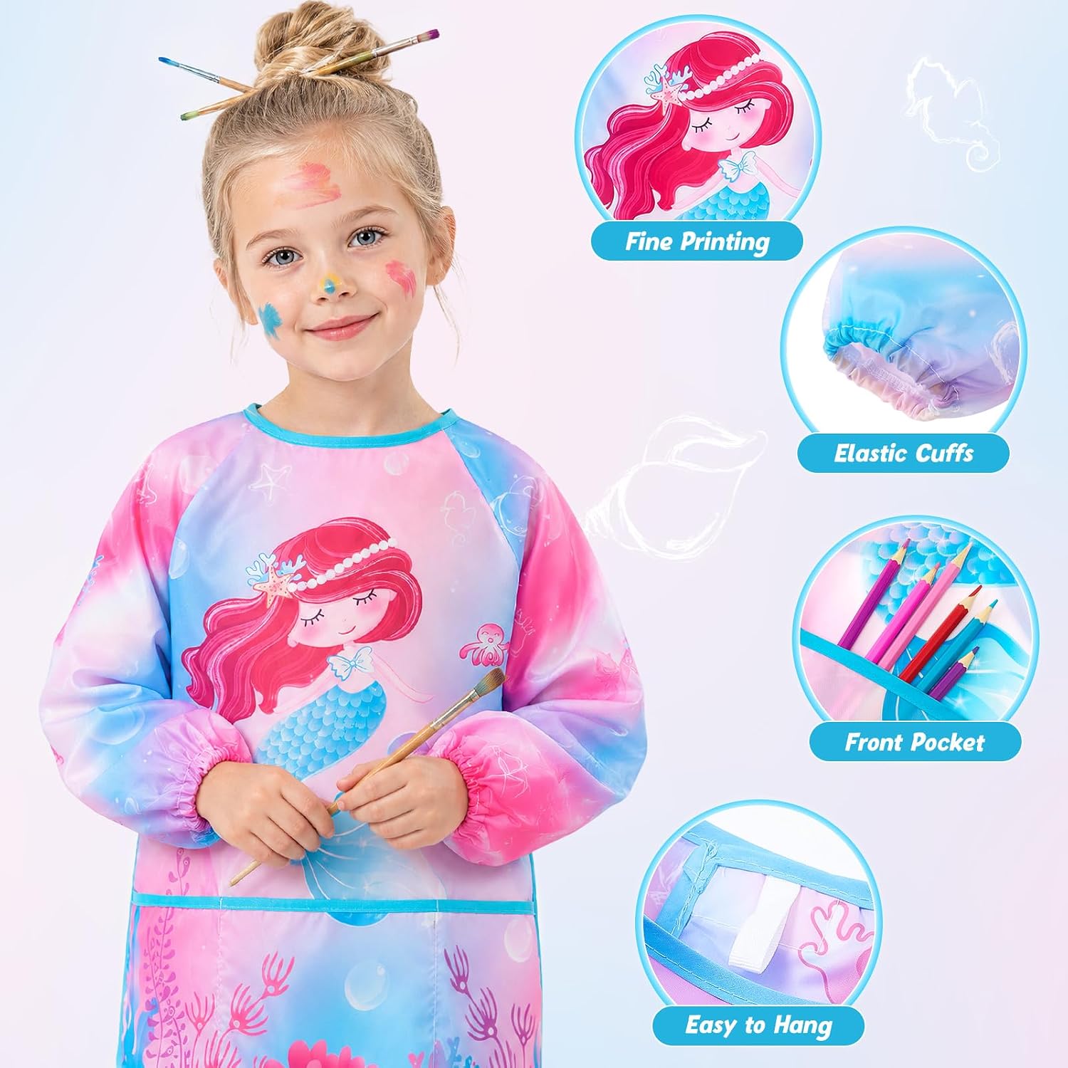 WERNNSAI Kids Toddler Art Smock with Long Sleeve and 3 Pockets for Age 3-12, Kids Painting Apron for Cooking image 2