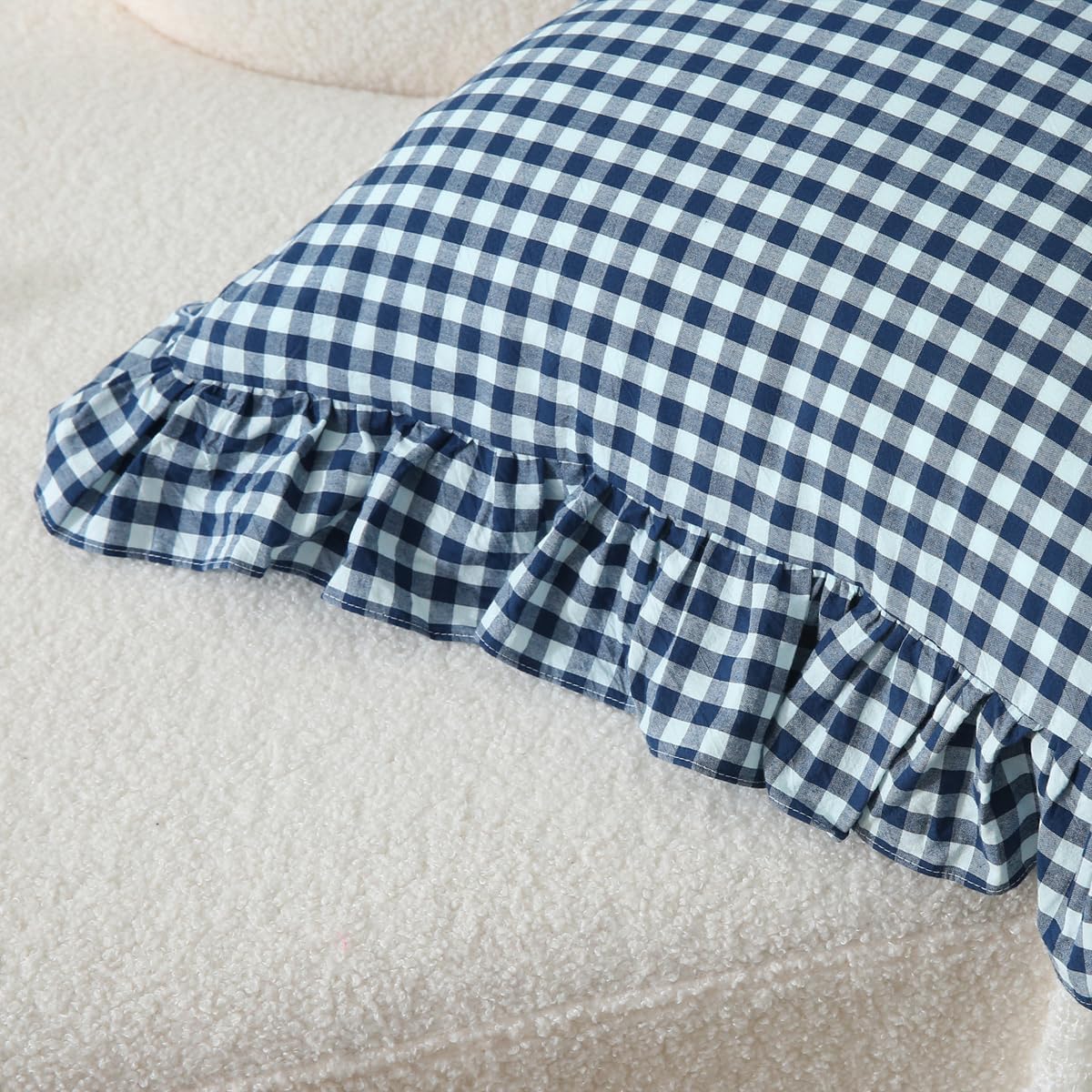Silnuo 2 Pack Navy Blue/White Plaid Ruffle Throw Pillow Covers Shabby Checkered Chic Washed Cotton Gingham Pillow Shams for Bed, Sofa, Living Room-24"x24"